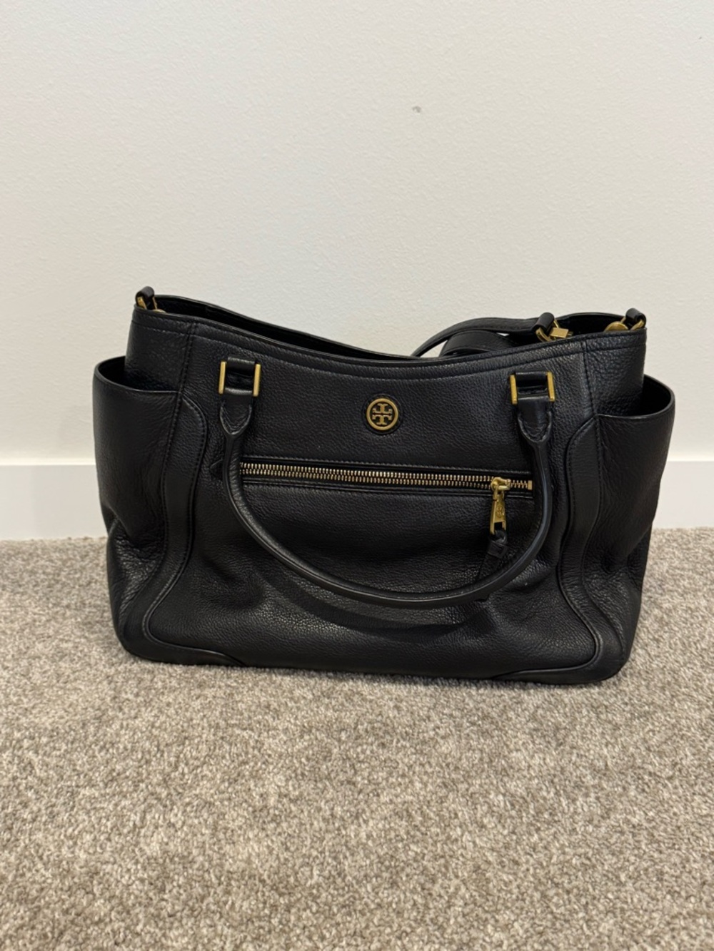 Tory Burch Black Leather Tote with Gold Accents with Crossbody